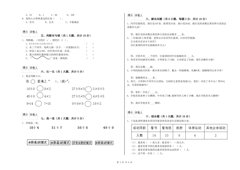 2019年二年级数学【上册】期中考试试题D卷 附解析.doc_第2页