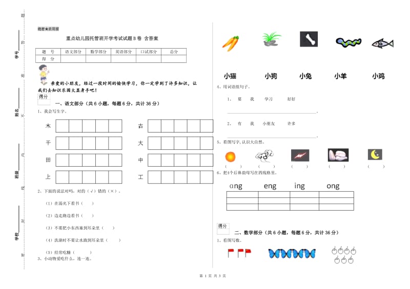 重点幼儿园托管班开学考试试题B卷 含答案.doc_第1页