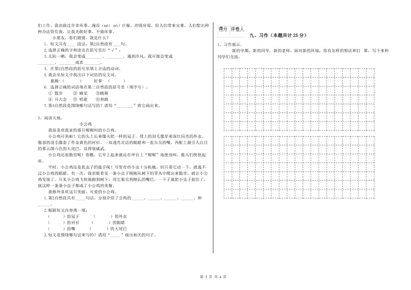 2019年实验小学二年级语文【下册】考前检测试题 湘教版（含答案）.doc_第3页