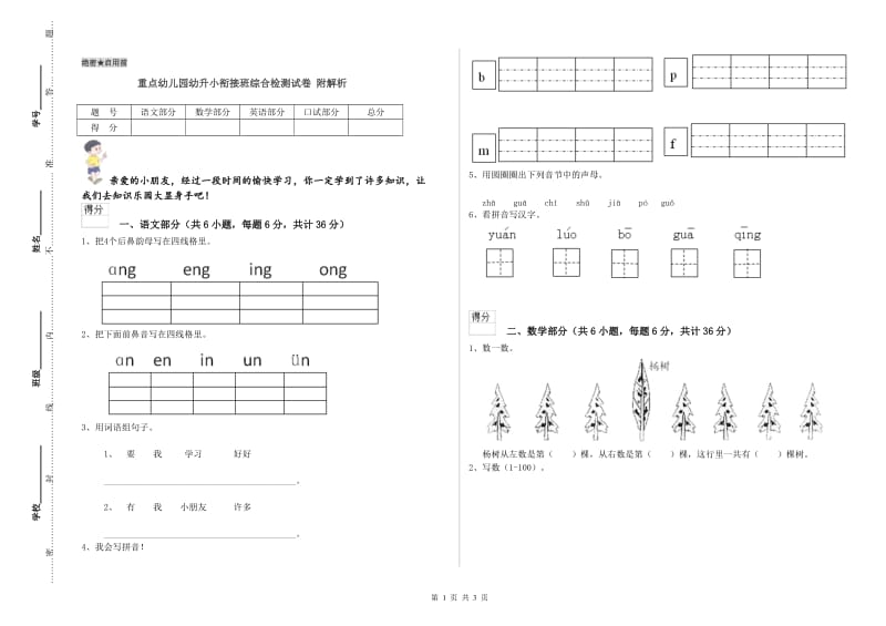 重点幼儿园幼升小衔接班综合检测试卷 附解析.doc_第1页