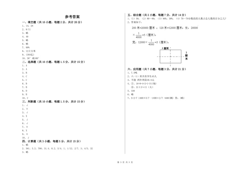 2020年六年级数学【上册】强化训练试卷 沪教版（含答案）.doc_第3页