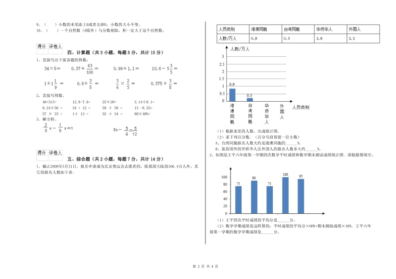 2019年六年级数学上学期能力检测试卷 西南师大版（含答案）.doc_第2页