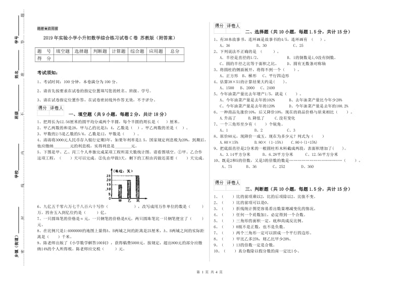 2019年实验小学小升初数学综合练习试卷C卷 苏教版（附答案）.doc_第1页