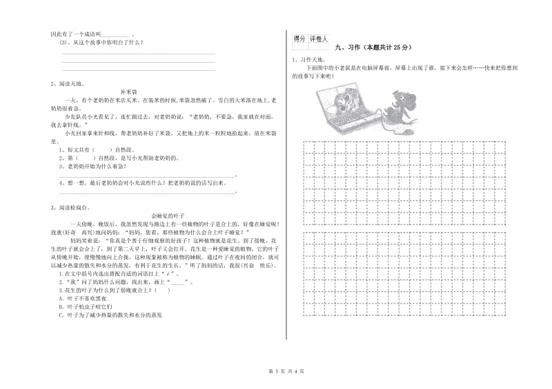 2019年实验小学二年级语文下学期考前检测试题 长春版（附解析）.doc_第3页