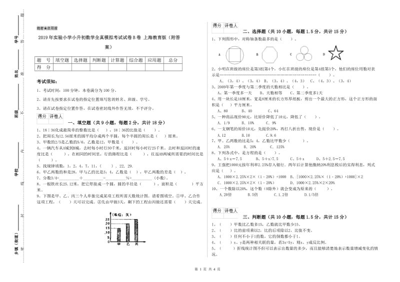 2019年实验小学小升初数学全真模拟考试试卷B卷 上海教育版（附答案）.doc_第1页