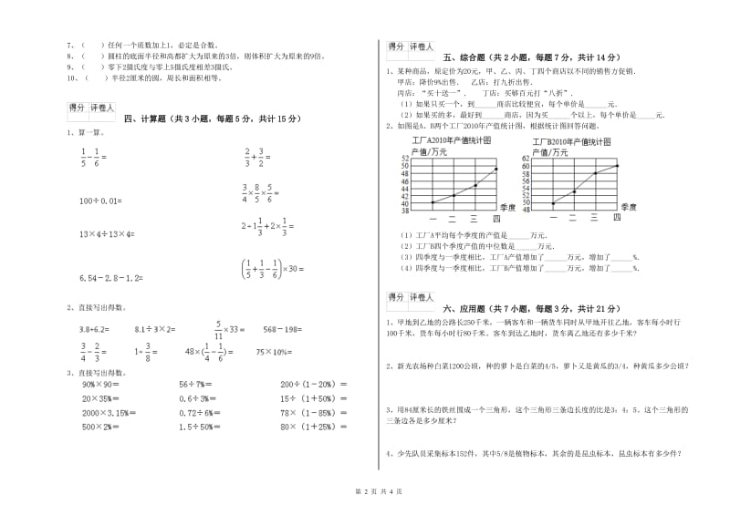 2020年六年级数学【下册】开学检测试题 江苏版（附答案）.doc_第2页