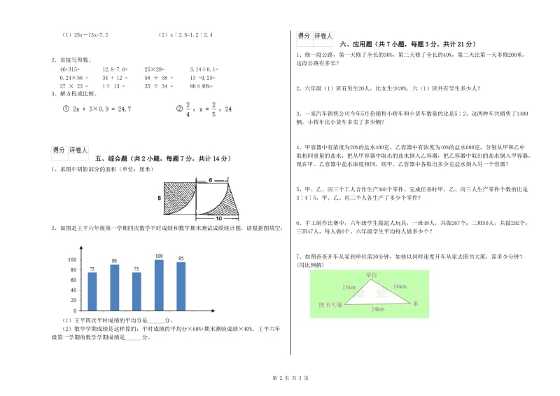 2020年六年级数学【下册】期末考试试卷 人教版（含答案）.doc_第2页