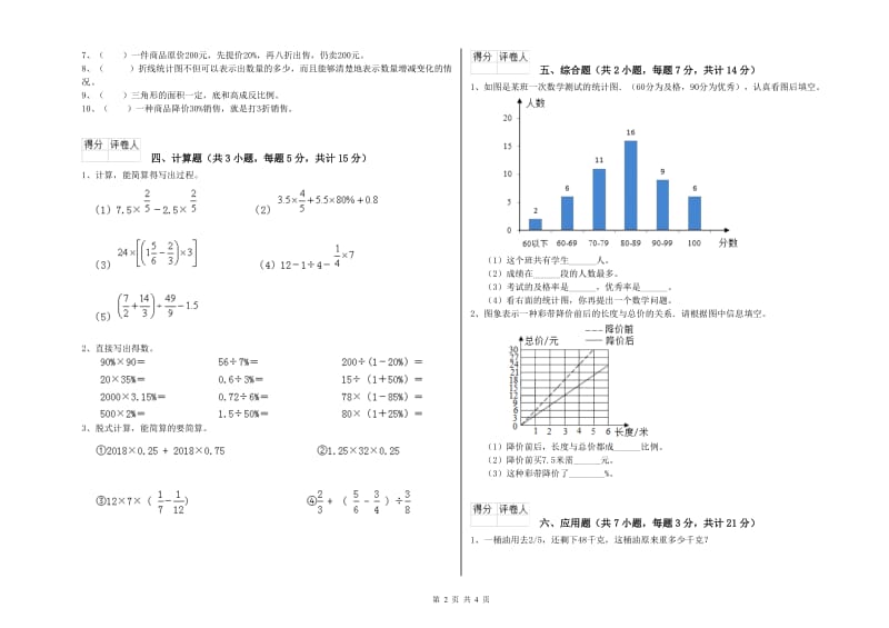 2019年六年级数学【上册】综合练习试卷 新人教版（附答案）.doc_第2页