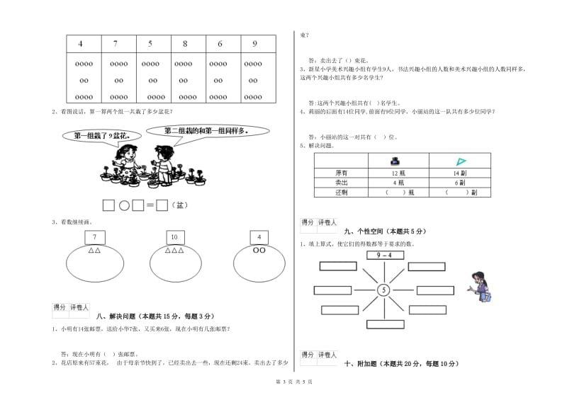 2019年实验小学一年级数学【上册】开学考试试题B卷 西南师大版.doc_第3页