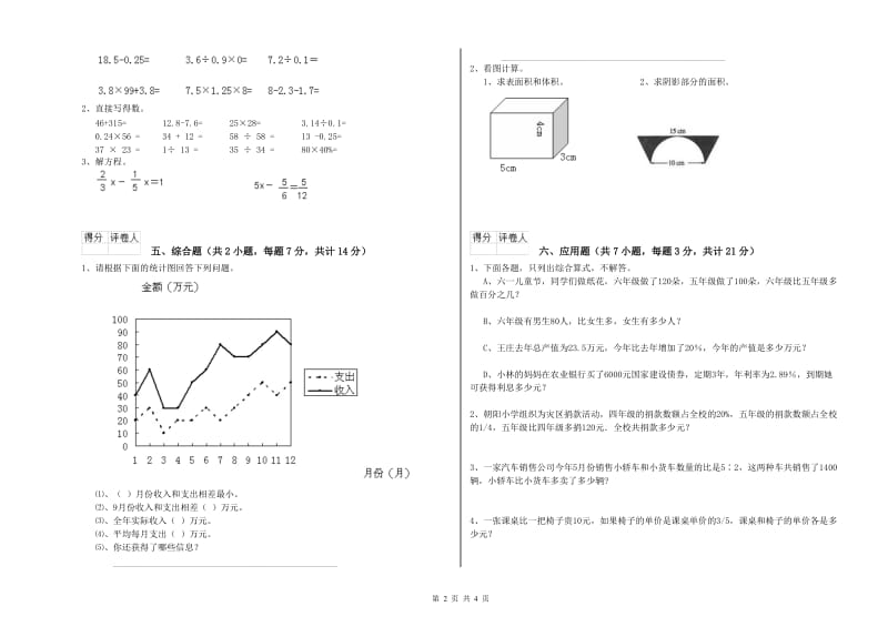 2019年六年级数学【上册】期末考试试卷 沪教版（附答案）.doc_第2页