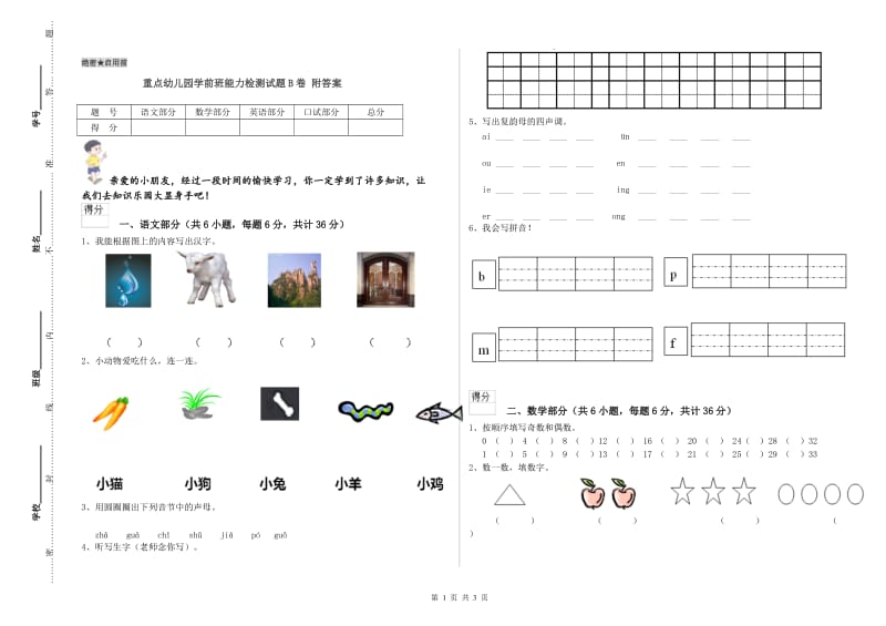 重点幼儿园学前班能力检测试题B卷 附答案.doc_第1页