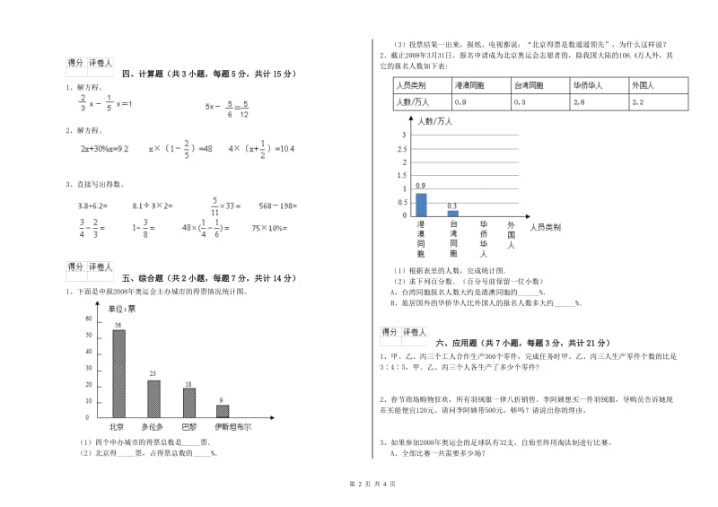 2019年六年级数学【上册】期中考试试题 苏教版（含答案）.doc_第2页