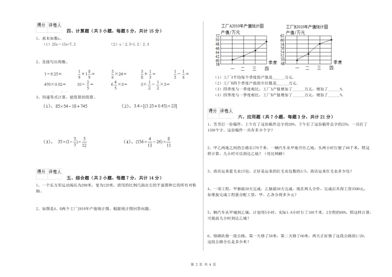 2019年六年级数学【上册】综合练习试卷 苏教版（附答案）.doc_第2页