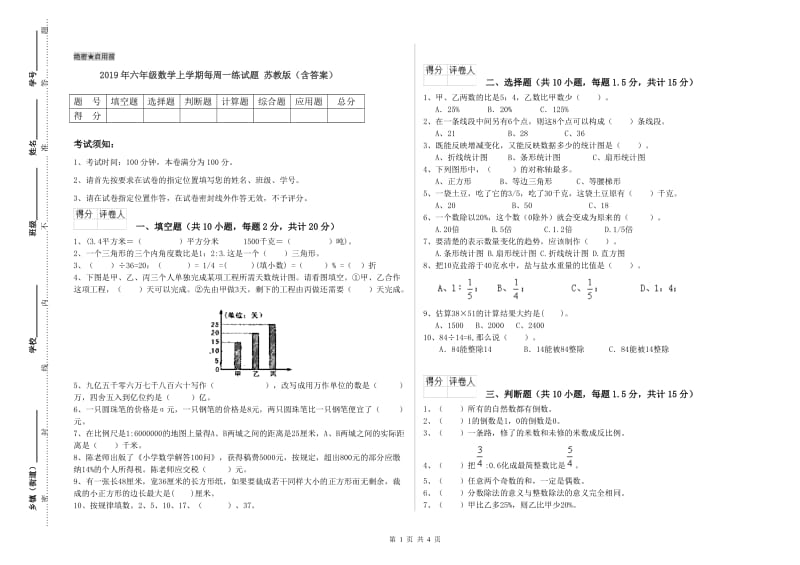 2019年六年级数学上学期每周一练试题 苏教版（含答案）.doc_第1页