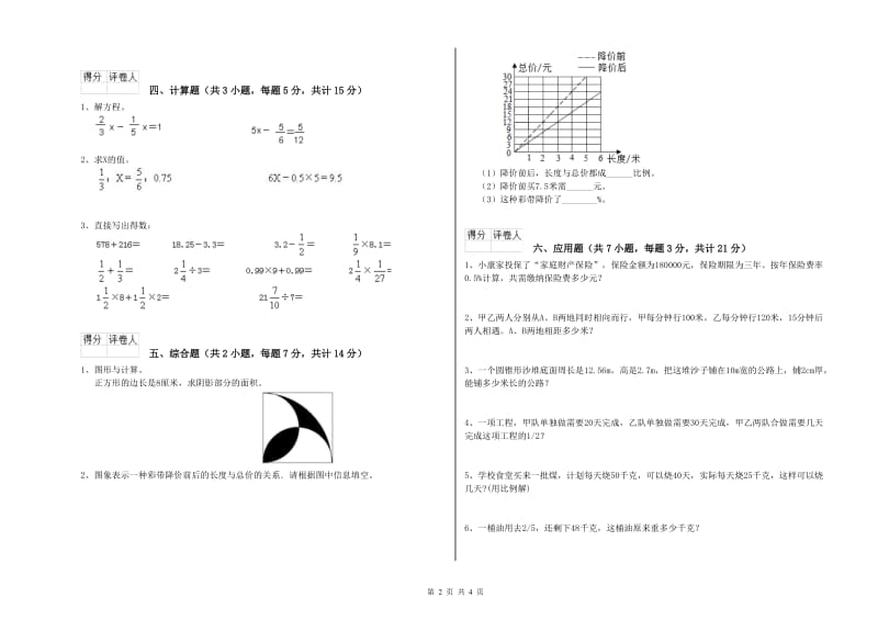 2020年六年级数学【上册】全真模拟考试试卷 江苏版（附答案）.doc_第2页