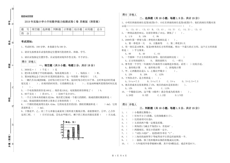 2019年实验小学小升初数学能力检测试卷C卷 苏教版（附答案）.doc_第1页