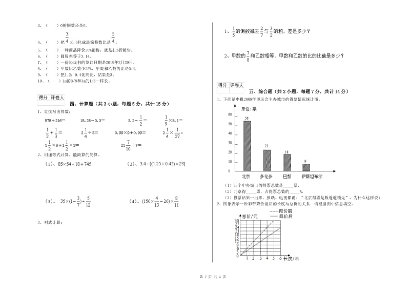 2019年六年级数学【下册】开学考试试题 苏教版（含答案）.doc_第2页