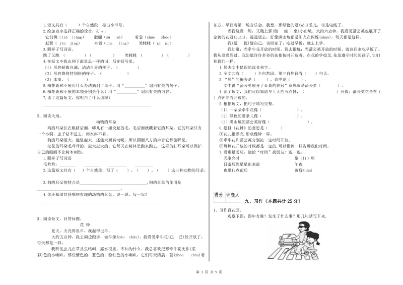 2019年实验小学二年级语文上学期模拟考试试题 江苏版（含答案）.doc_第3页