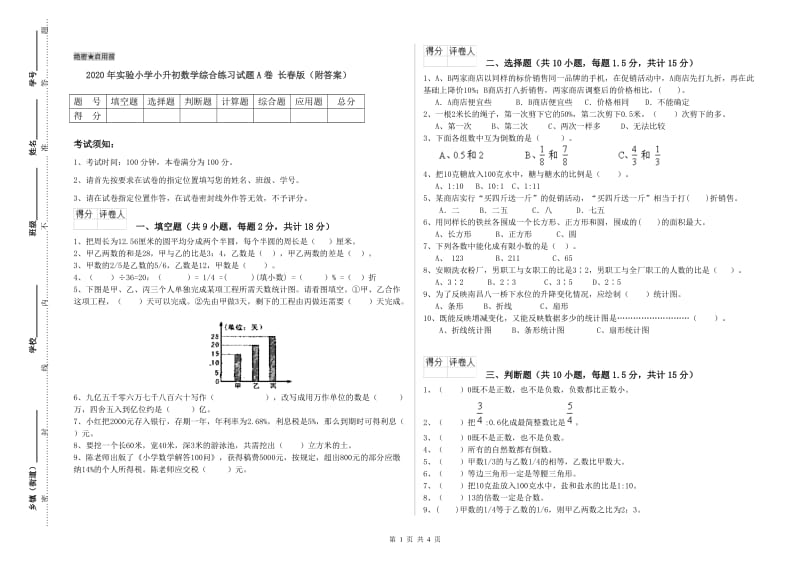 2020年实验小学小升初数学综合练习试题A卷 长春版（附答案）.doc_第1页