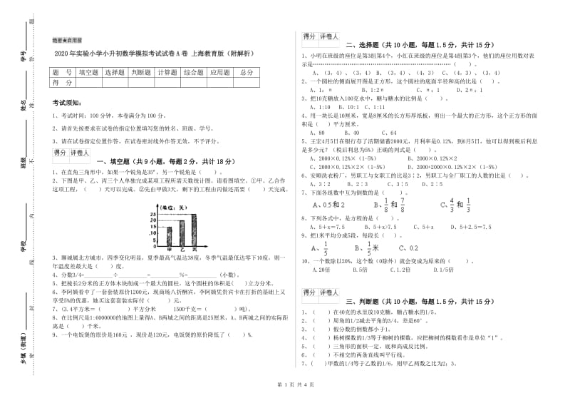 2020年实验小学小升初数学模拟考试试卷A卷 上海教育版（附解析）.doc_第1页