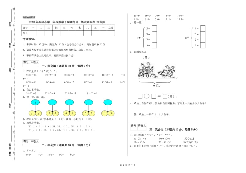 2020年实验小学一年级数学下学期每周一练试题B卷 江苏版.doc_第1页