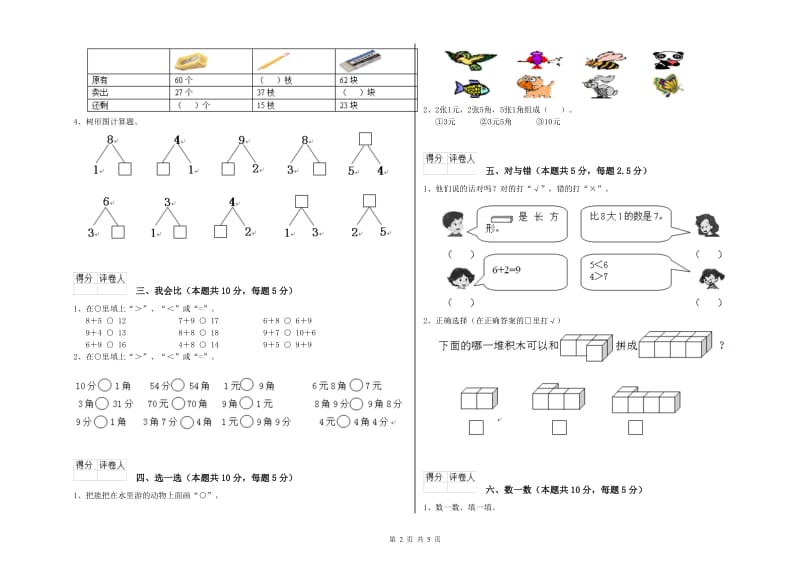 2020年实验小学一年级数学下学期期中考试试卷C卷 外研版.doc_第2页