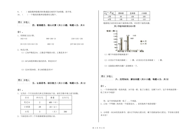 2020年四年级数学【上册】自我检测试卷A卷 含答案.doc_第2页