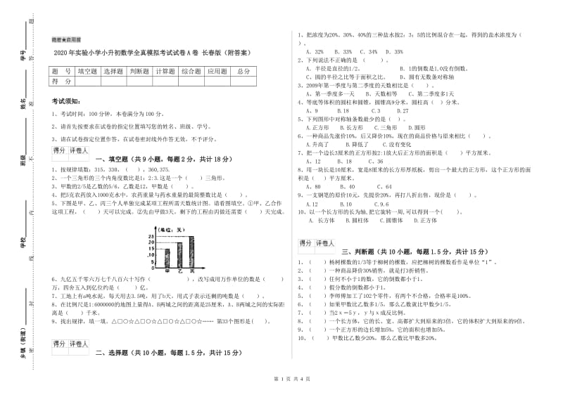 2020年实验小学小升初数学全真模拟考试试卷A卷 长春版（附答案）.doc_第1页