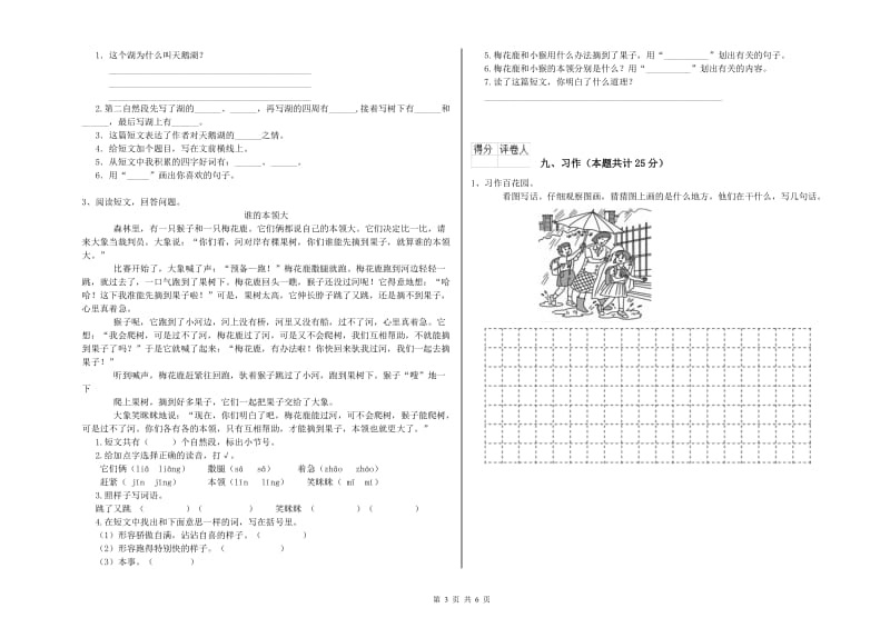 2020年实验小学二年级语文【下册】开学检测试卷 外研版（含答案）.doc_第3页