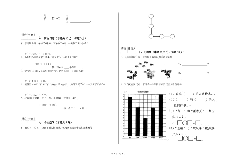 2020年实验小学一年级数学【上册】开学考试试卷D卷 新人教版.doc_第3页