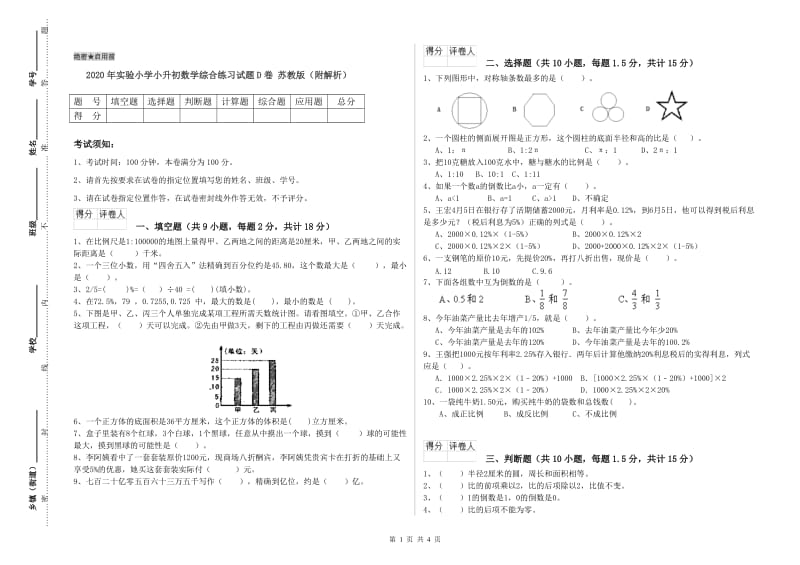 2020年实验小学小升初数学综合练习试题D卷 苏教版（附解析）.doc_第1页