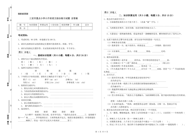 三亚市重点小学小升初语文综合练习试题 含答案.doc_第1页