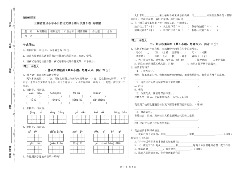 云南省重点小学小升初语文综合练习试题B卷 附答案.doc_第1页