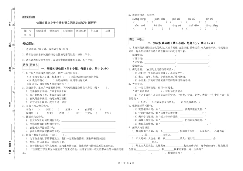 信阳市重点小学小升初语文强化训练试卷 附解析.doc_第1页