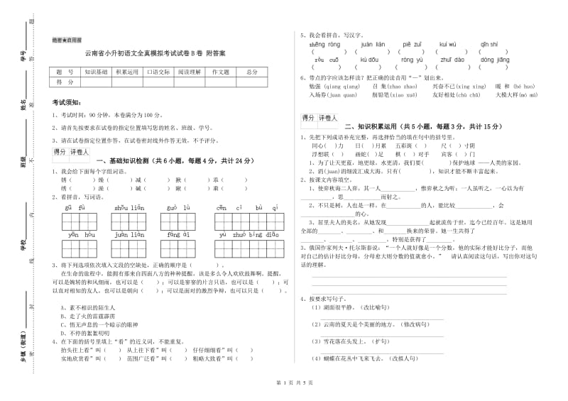 云南省小升初语文全真模拟考试试卷B卷 附答案.doc_第1页