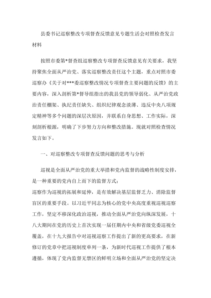 县委书记巡察整改专项督查反馈意见专题生活会对照检查发言材料_第1页