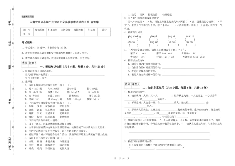 云南省重点小学小升初语文全真模拟考试试卷C卷 含答案.doc_第1页