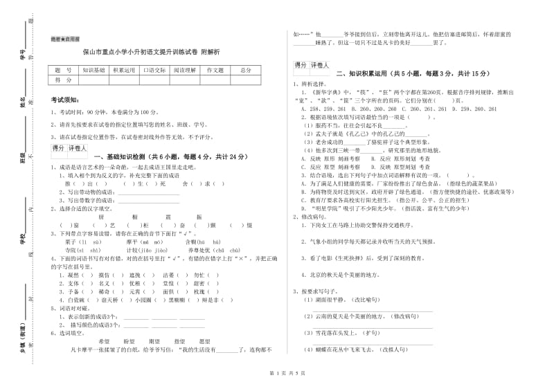 保山市重点小学小升初语文提升训练试卷 附解析.doc_第1页