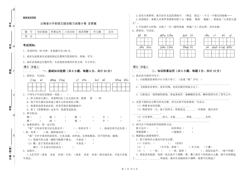 云南省小升初语文综合练习试卷B卷 含答案.doc_第1页