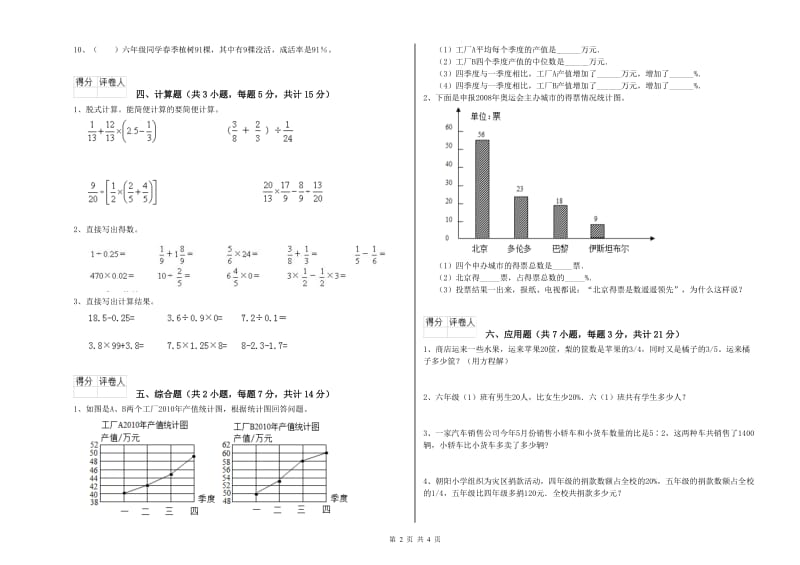 人教版六年级数学上学期开学考试试卷D卷 含答案.doc_第2页