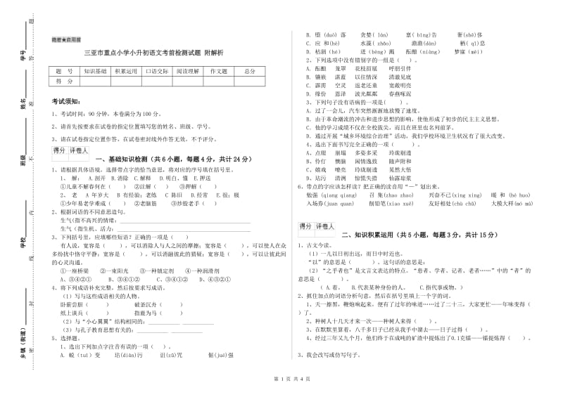 三亚市重点小学小升初语文考前检测试题 附解析.doc_第1页