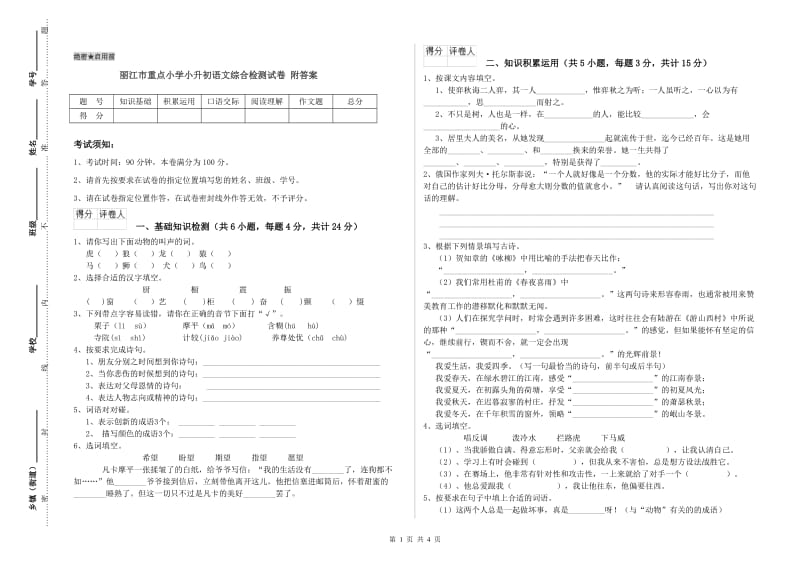 丽江市重点小学小升初语文综合检测试卷 附答案.doc_第1页