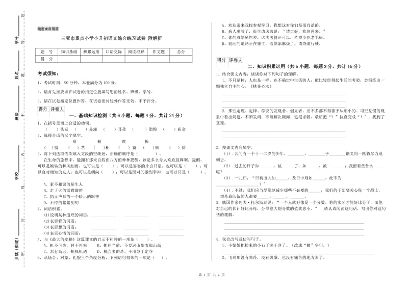 三亚市重点小学小升初语文综合练习试卷 附解析.doc_第1页