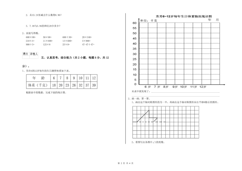 云南省2019年四年级数学【下册】能力检测试题 含答案.doc_第2页