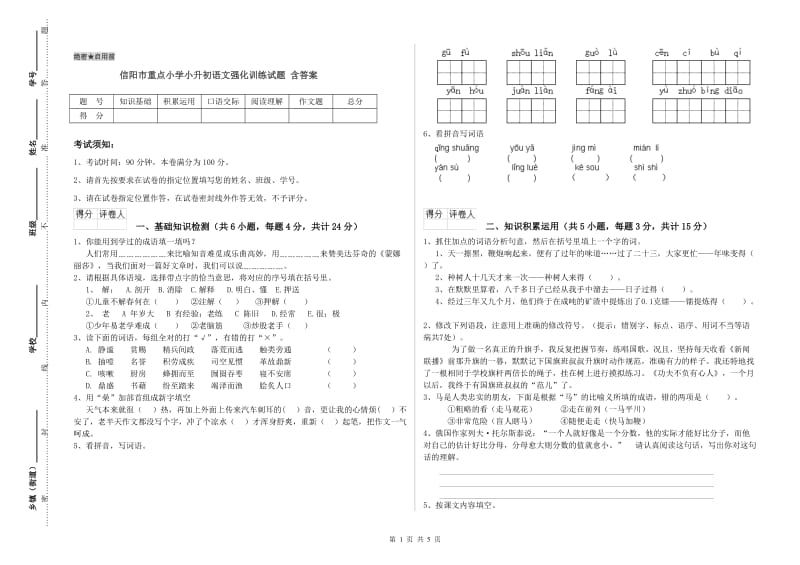 信阳市重点小学小升初语文强化训练试题 含答案.doc_第1页