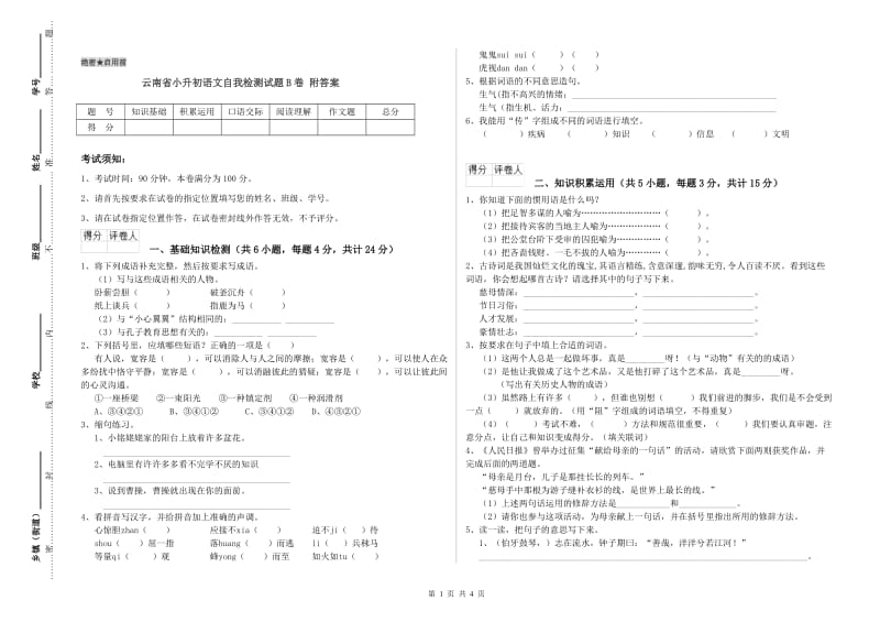 云南省小升初语文自我检测试题B卷 附答案.doc_第1页