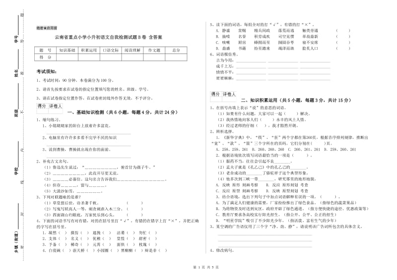 云南省重点小学小升初语文自我检测试题B卷 含答案.doc_第1页