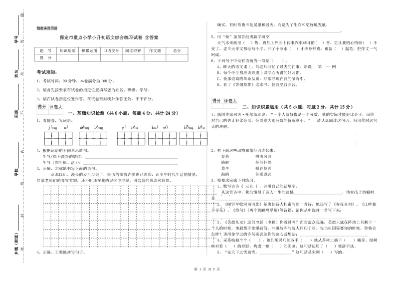 保定市重点小学小升初语文综合练习试卷 含答案.doc_第1页