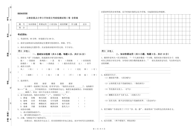 云南省重点小学小升初语文考前检测试卷C卷 含答案.doc_第1页