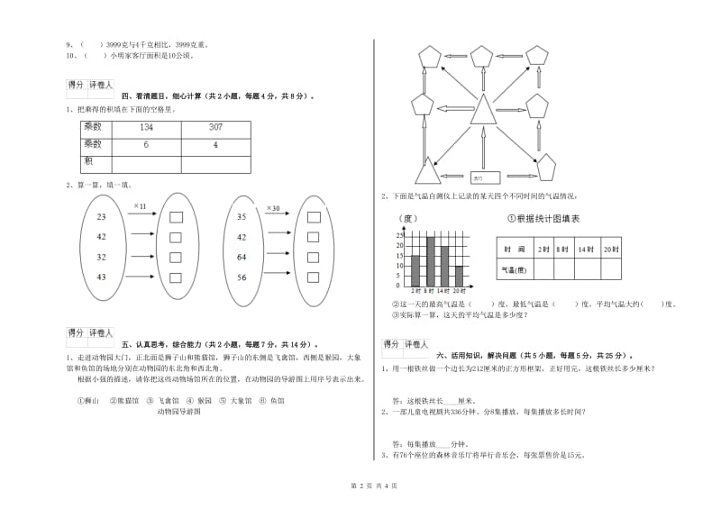 人教版2019年三年级数学【下册】综合练习试题 含答案.doc_第2页